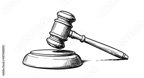 Hand drawn gavel on sound block: symbol of justice and law