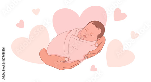 Gentle Embrace: Newborn Baby Comforted by Caring Hands Surrounded by Loving Hearts Illustration
