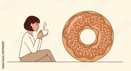 Woman Enjoys Coffee With Donut, Simple Illustration Of Food And Pastries, Sweet Treats