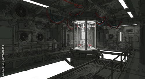 Futuristic industrial interior with mechanical cylinders and exposed wiring