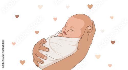 Gentle Embrace: Illustration Of A Newborn Baby Held Tenderly In Loving Hands