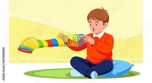 Excited Boy Experiencing a Slinky Rainbow Toy with Playful Curiosity and Wonder