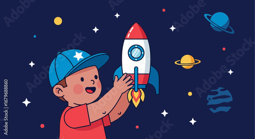 Excited Child Holding a Rocket in Space among Planets Cartoon Illustration