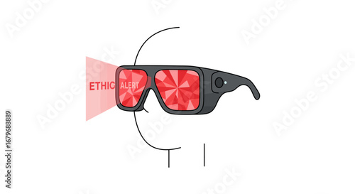 Futuristic glasses with ethical alert system and red visual interface