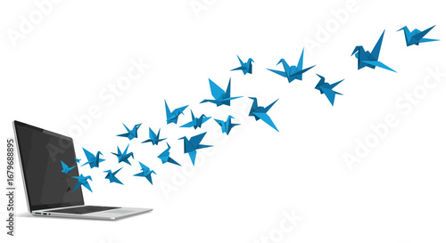 Origami birds emerge from laptop in creative digital transformation concept