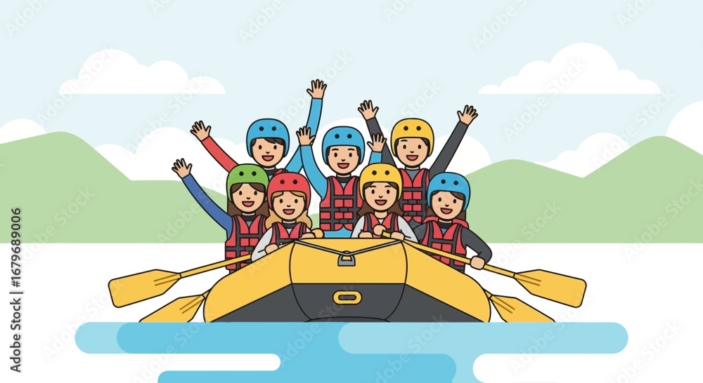 Fototapeta premium Excited Rafting Team: Adventures and Fun on the River with Happy People