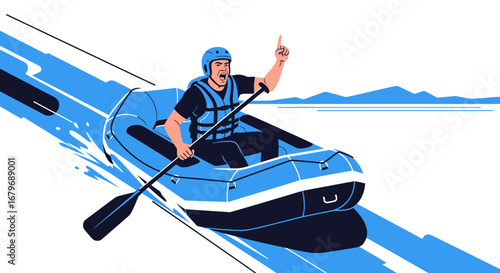 Excited Rafting Enthusiast Guiding the Group Through a Challenging Water Course