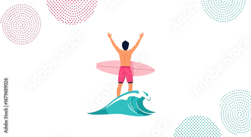 Excited Surfer Celebrating Success After Riding a Wave On A Bright Summer Day