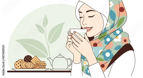 Woman Enjoys Tea: A Peaceful Moment of Relaxation with Cookies and a Tea Pot