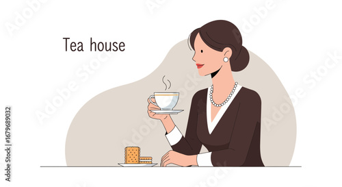 Woman Enjoys Tea In A Cafe, Perfect For Illustrating Relaxation And Leisure Activities
