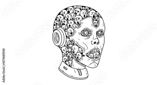 Intricate robot head composed of detailed human faces