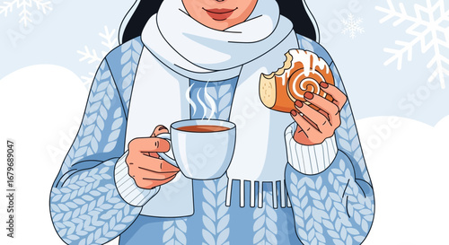 Woman Enjoys Warm Drink And Pastry In Winter Scenery With Snowflakes