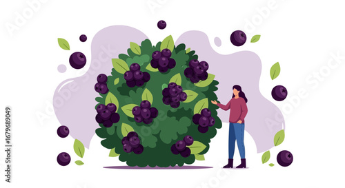 Woman Examining Abundance of Berries From a Lush Bush in a Charming Artwork