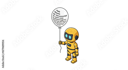 Cute robot holding text balloon in isometric style