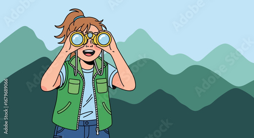 Excited Young Observer Gazing Through Binoculars at Mountain Vista Scene Adventure