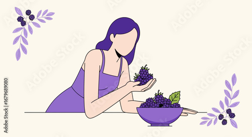 Woman Examining Fresh, Ripe Blackberries From Her Harvest in Minimalist Style