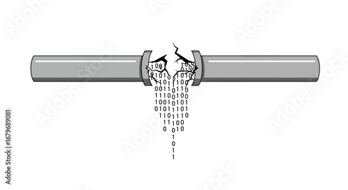 Broken pipe with leaking binary code symbolizing data loss