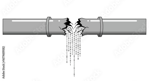 Data breach concept with binary code flowing from broken pipe