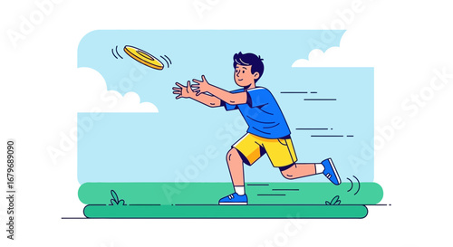 Excited Youngster Engaging In Activity With An Airborne Disk On A Sunny Day