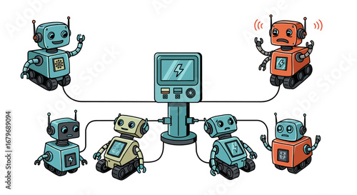 Colorful cartoon robots networked to central hub in quirky scene