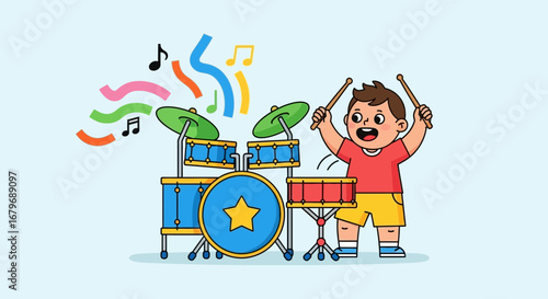 Excited Youngster Practices The Drums, Demonstrating Musical Talent And Joyful Expression