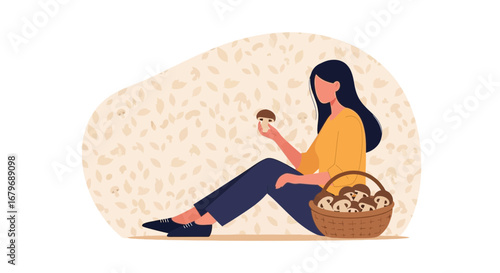 Woman Examining Mushroom in a Forest, Displaying a Natural and Harvest Theme