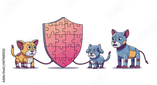 Robotic pets guarding puzzle shield: cybersecurity concept with cartoon animals