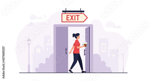 Woman Exiting Building With Coffee Suggesting Break From Work Or a Coffee Run Concept