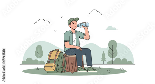 Exhausted Hiker Resting, Drinking Water, Surrounded By Nature, With Luggage On His Side
