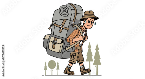 Exhausted hiker carrying a huge backpack walking through some nature, vector illustration