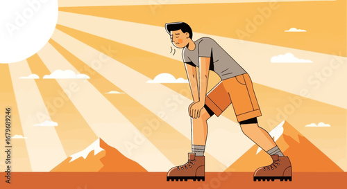 Exhausted Hiker Taking A Break While Experiencing Intense Sun Exposure In The Wilderness
