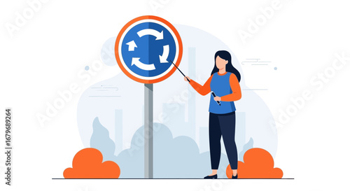 Woman Explains Roundabout Sign, Discussing Traffic Rules and Road Regulations