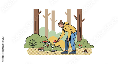 Woman Exploring And Selecting Mushrooms In A Forest, Focusing On Nature's Bounty