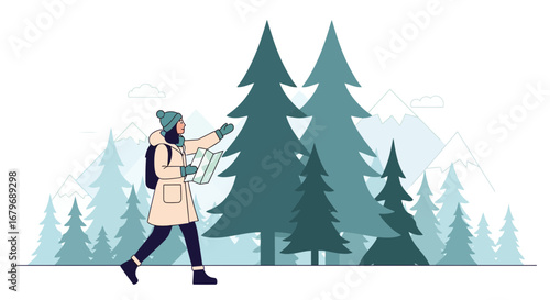 Woman Exploring Snowy Forest with Map Showing Direction and Route During Adventure Travel