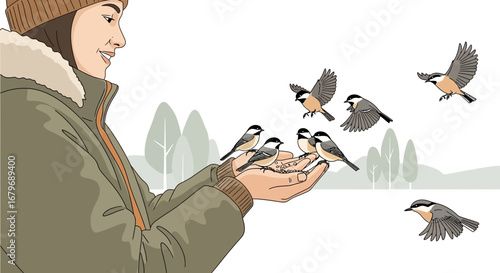 Woman feeding birds in a park during winter, close-up illustration with white background