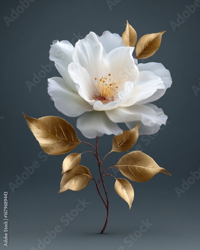 Detailed Digital Illustration of White Flower with Golden Leaves