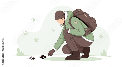 Explorer Inspecting Animal Footprints in Nature, Outdoor Illustration for Travel and Adventure