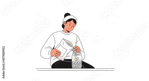 Woman Filling a Jar With Beans Illustration Emphasizing Organic Food and Nutrition