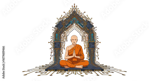 Monk meditating in futuristic circuitry temple design