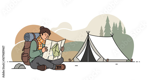 Explorer Inspects Map Near Tent Preparing For A Hiking Trip In The Wilderness