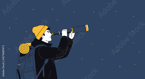Explorer Joyfully Gaze At The Night Sky With A Telescope, Stargazing Concept Illustration