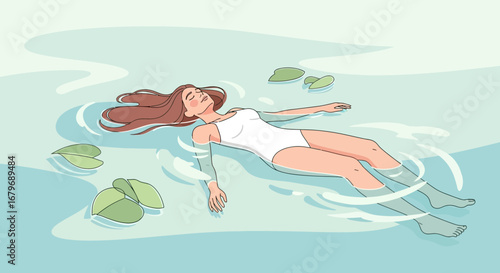Woman Floating Peacefully in Serene Water with Closed Eyes, Relaxation and Wellness