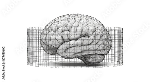 Wireframe human brain model with geometric grid design