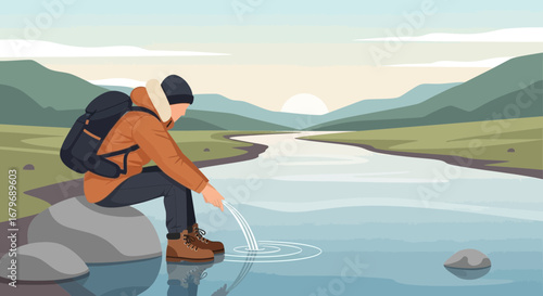 Explorer Pauses, Interacting with River Water, Amidst Serene Mountain Landscape Scene