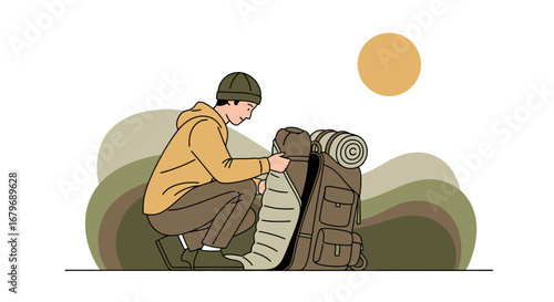 Explorer Prepares Backpack In The Wilderness At Sunset Or Sunrise For Adventure