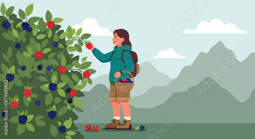 Woman Gathering Berries in the Outdoors with a Backpack and Basket, Mountain Background
