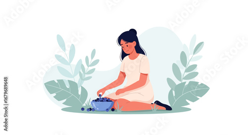 Woman Gathering Fresh Blueberries From The Field On A Sunny Day Illustration