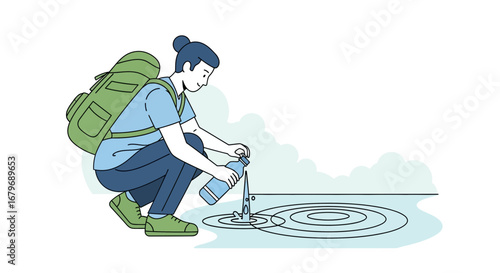 Explorer Refills Water Source For Hydration And Adventure, Illustration
