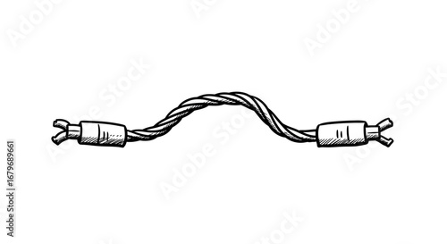 Hand drawn broken rope with frayed ends on white background