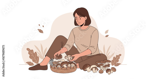 Woman Gathering Fresh Mushrooms in Autumn Environment, Illustration for Culinary Delights